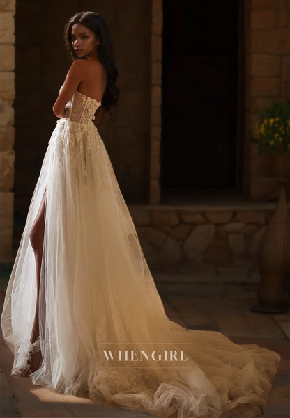 A-Line Sweetheart Sleeveless High Split Appliques Pleats Lace Wedding Dress with Train Bridal Gowns