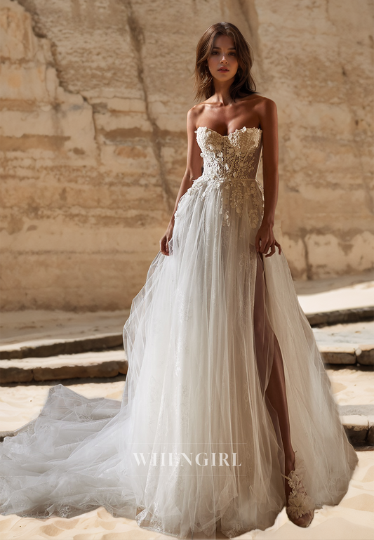 A-Line Sweetheart Sleeveless High Split Appliques Pleats Lace Wedding Dress with Train Bridal Gowns