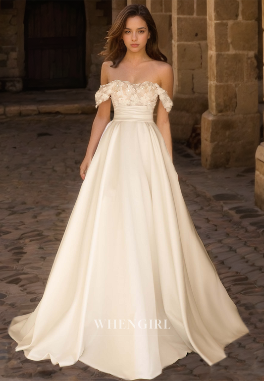 Off-Shoulder A-Line Sleeveless Sweep Train Pleats Satin Wedding Dress with Floral Bridal Gowns