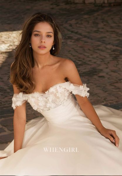 Off-Shoulder A-Line Sleeveless Sweep Train Pleats Satin Wedding Dress with Floral Bridal Gowns