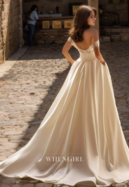 Off-Shoulder A-Line Sleeveless Sweep Train Pleats Satin Wedding Dress with Floral Bridal Gowns