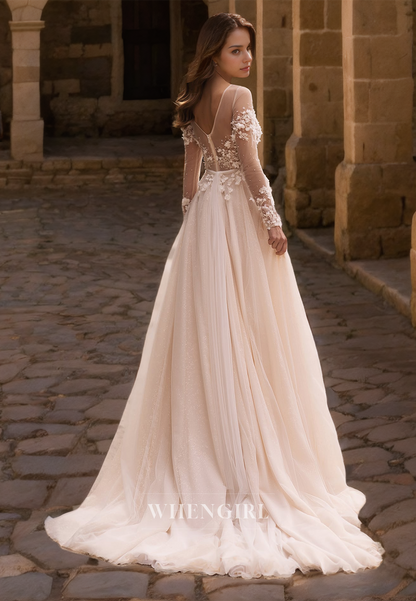 Scoop Neck Long Sleeves A-Line High Split Train Beads Lace Wedding Dress with Appliques Bridal Gowns