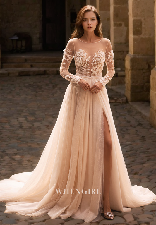 Scoop Neck Long Sleeves A-Line High Split Train Beads Lace Wedding Dress with Appliques Bridal Gowns