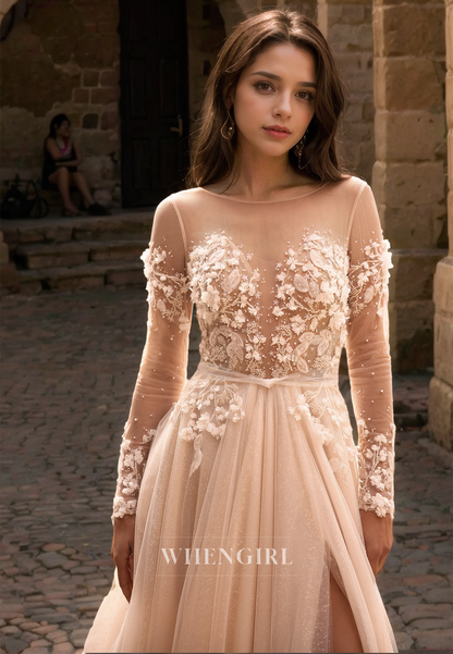 Scoop Neck Long Sleeves A-Line High Split Train Beads Lace Wedding Dress with Appliques Bridal Gowns