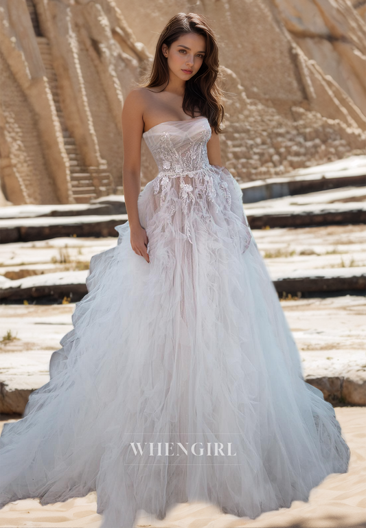 Tube Top A-Line Sleeveless Sweep Train Ruched Lace Beach Wedding Dress with Sequins Boho Gowns