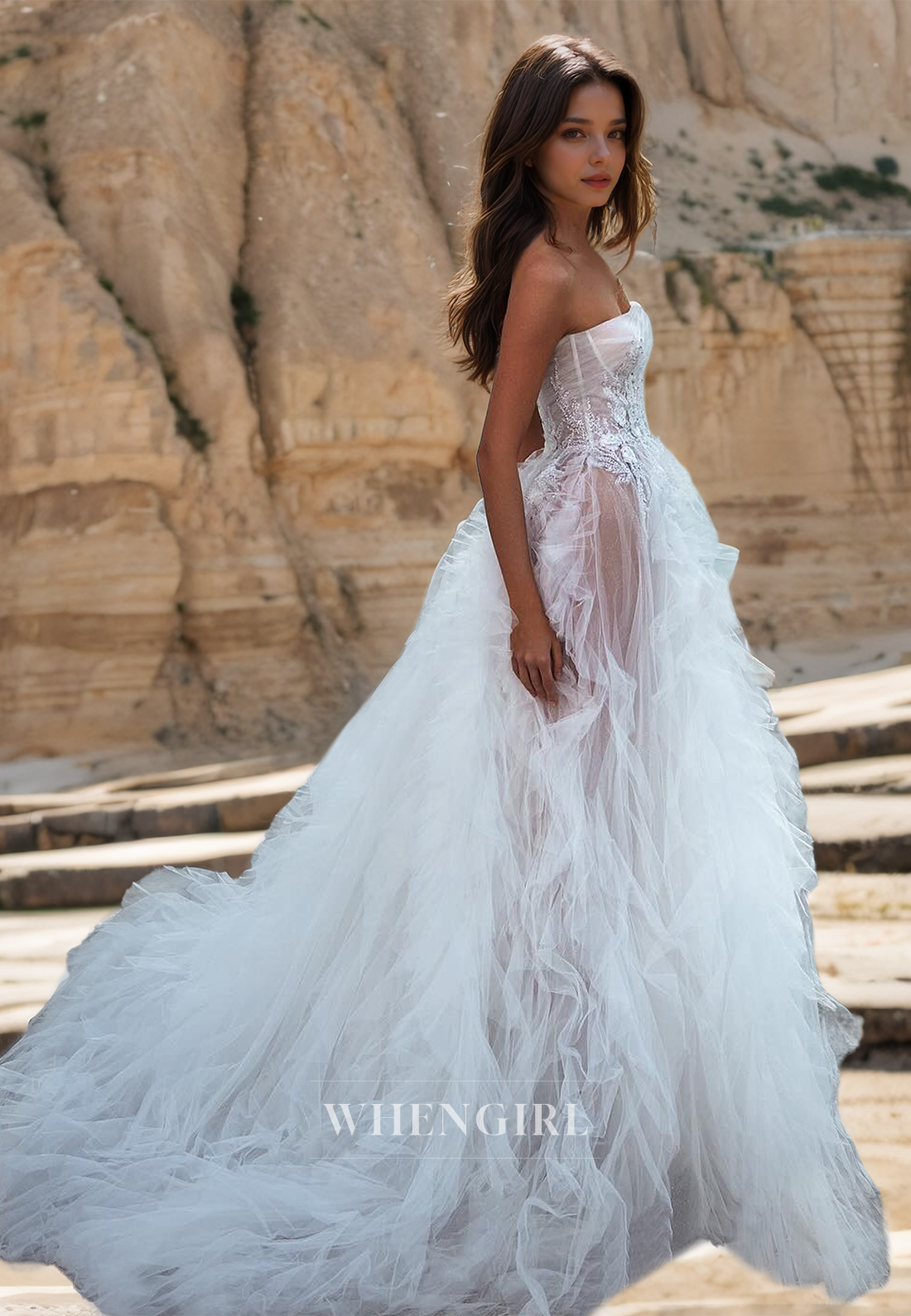 Tube Top A-Line Sleeveless Sweep Train Ruched Lace Beach Wedding Dress with Sequins Boho Gowns
