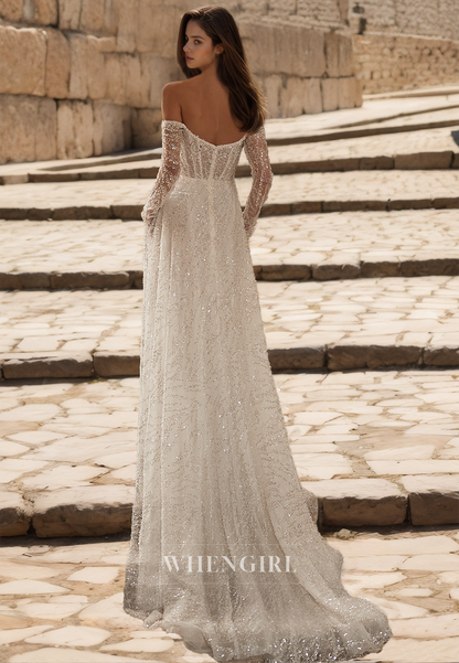 Tube Top Long Sleeves High Slit Sheath Stripe Seuqins Lace Wedding Dress with Train Bridal Gowns