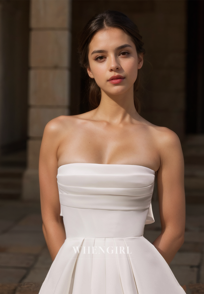 Tube Top A-Line Sleeveless Sweep Train Pleated Satin Bridal Dress Wedding Dress with Bow