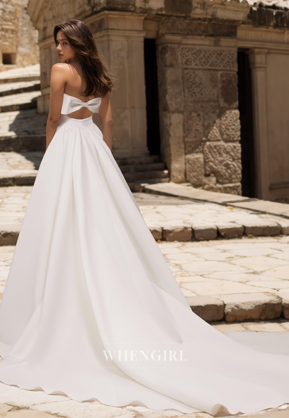 Tube Top A-Line Sleeveless Sweep Train Pleated Satin Bridal Dress Wedding Dress with Bow