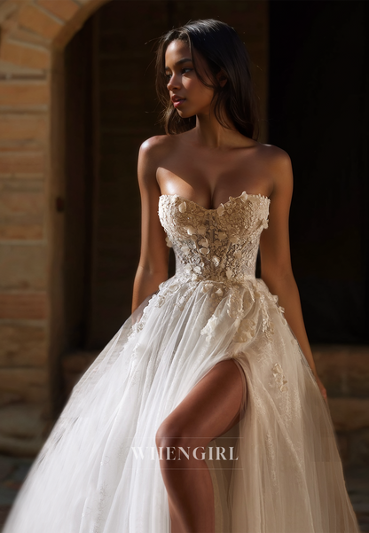 A-Line Sweetheart Sleeveless High Split Appliques Pleats Lace Wedding Dress with Train Bridal Gowns