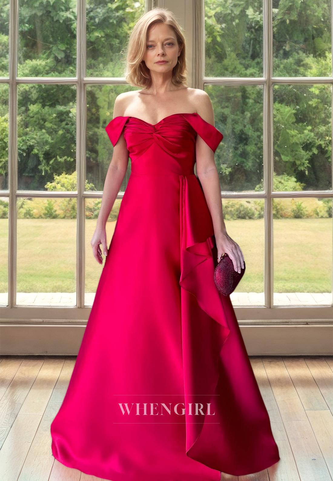 A-Line Off-Shoulder Sweetheart Floor-Length Satin Mother of Groom Cocktail Dress with Pleats