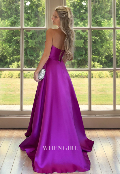 Strapless A-Line Sleeveless High Split Train Satin Mother of Bride Dress with Beads Cocktail Gowns