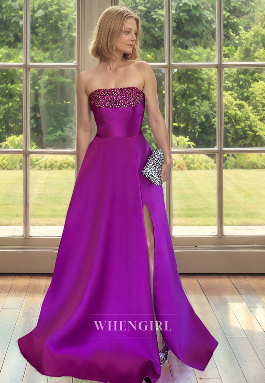 Strapless A-Line Sleeveless High Split Train Satin Mother of Bride Dress with Beads Cocktail Gowns