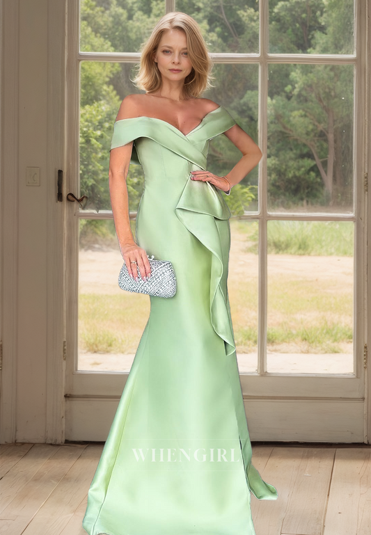 Off-Shoulder Mermaid Sleeveless Pleated Satin Mother of Bride Dress with Train Cocktail Gowns