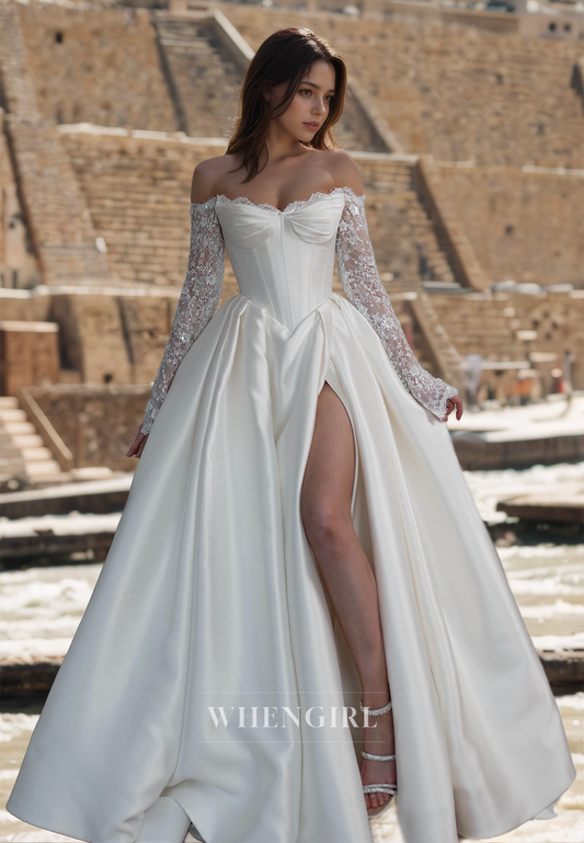 A-Line Sweetheart Long Lace Sleeves High Split Pleats Satin Wedding Dress Bridal Dress with train