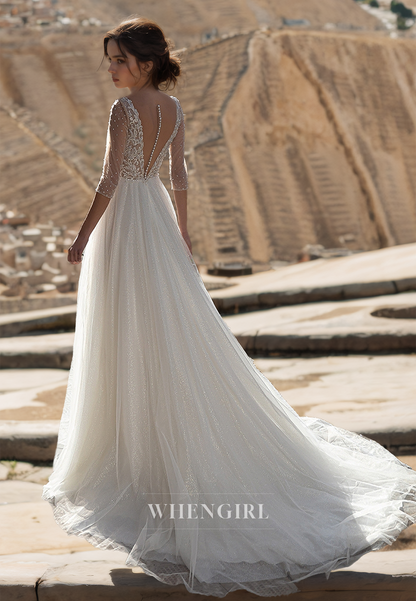 A-Line V-Neck Half Sleeves Glitter Lace Beaded Beach Wedding Dress Boho Gowns with Train