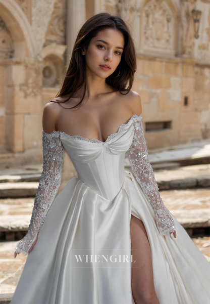 A-Line Sweetheart Long Lace Sleeves High Split Pleats Satin Wedding Dress Bridal Dress with train