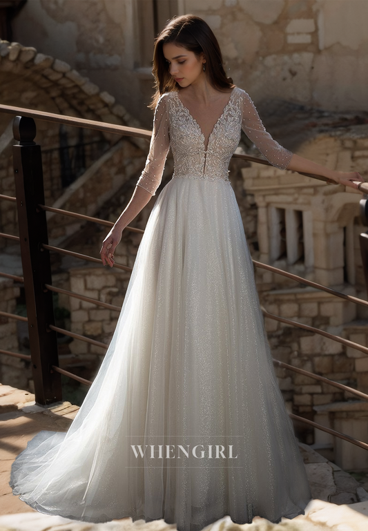 A-Line V-Neck Half Sleeves Glitter Lace Beaded Beach Wedding Dress Boho Gowns with Train