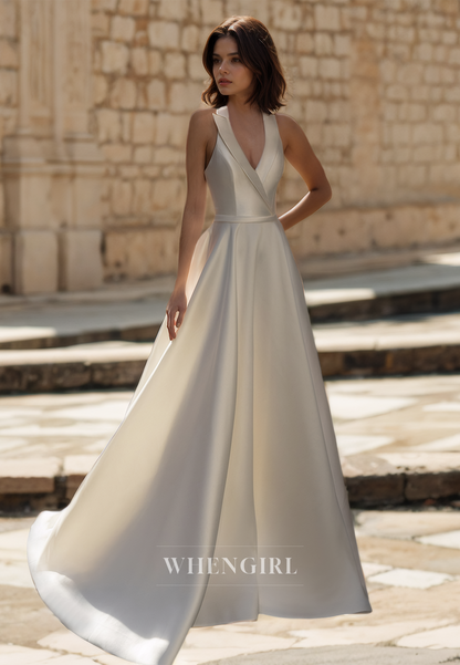 V-Neck A-Line Straps Sleeveless Open Back Pleats Satin Wedding Dress Bridal Gowns with Train