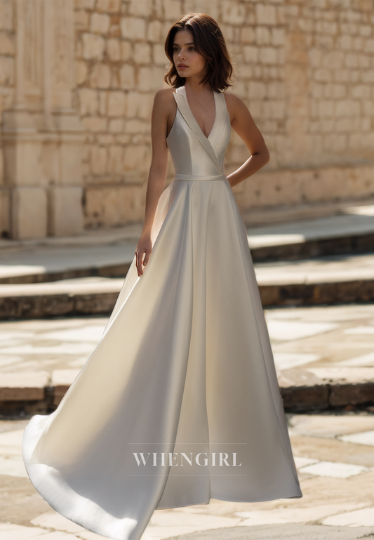 V-Neck A-Line Straps Sleeveless Open Back Pleats Satin Wedding Dress Bridal Gowns with Train