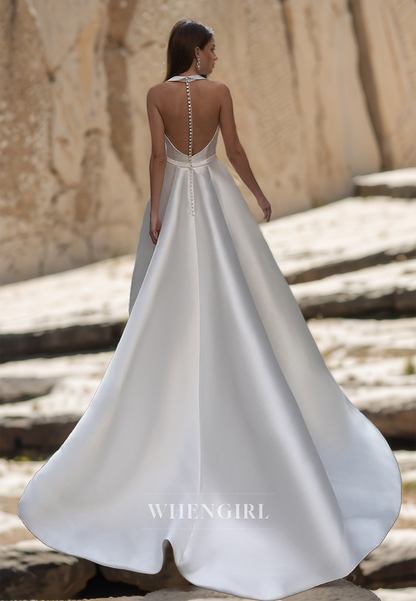 V-Neck A-Line Straps Sleeveless Open Back Pleats Satin Wedding Dress Bridal Gowns with Train