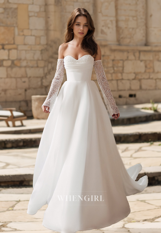A-Line Sweetheart Long Sleeves Beaded Pleats Wedding Dress Bridal Dress with Sweep Train
