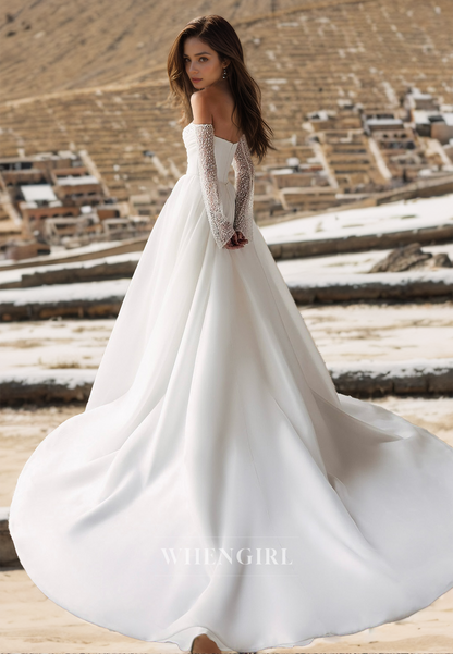A-Line Sweetheart Long Sleeves Beaded Pleats Wedding Dress Bridal Dress with Sweep Train