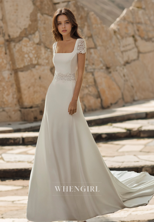 Square Neck Sheath Short Sleeves Sweep Train Satin Wedding Dress Bridal Gown with Appliques