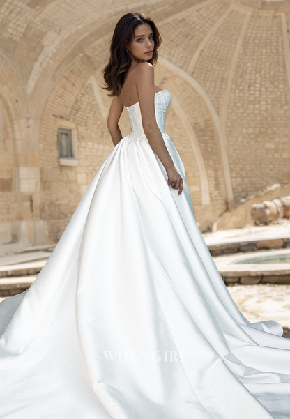 A-Line Sweetheart Sleeveless Sweep Train Stripe Satin Bridal Dress with Pleats Wedding Dress