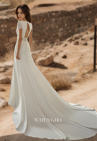 Square Neck Sheath Short Sleeves Sweep Train Satin Wedding Dress Bridal Gown with Appliques