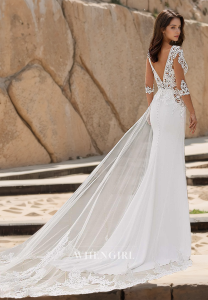 V-Neck Sheath Wedding Dress Long Sleeves Train Appliques Satin Bridal Gowns with Cut Outs