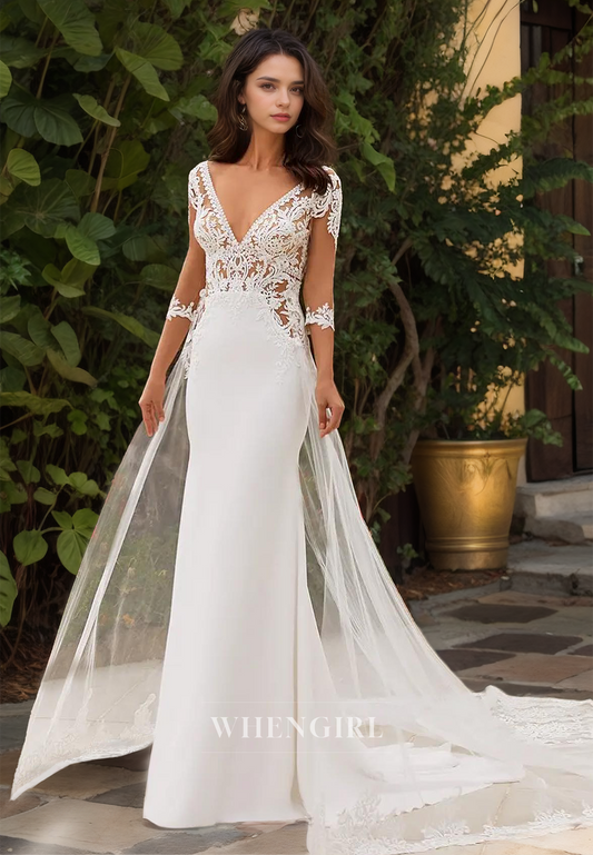 V-Neck Sheath Wedding Dress Long Sleeves Train Appliques Satin Bridal Gowns with Cut Outs
