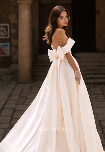 A-Line Off-Shoulder Sleeveless High Slit Train Pleats Satin Wedding Dress Bridal Gowns with Bows