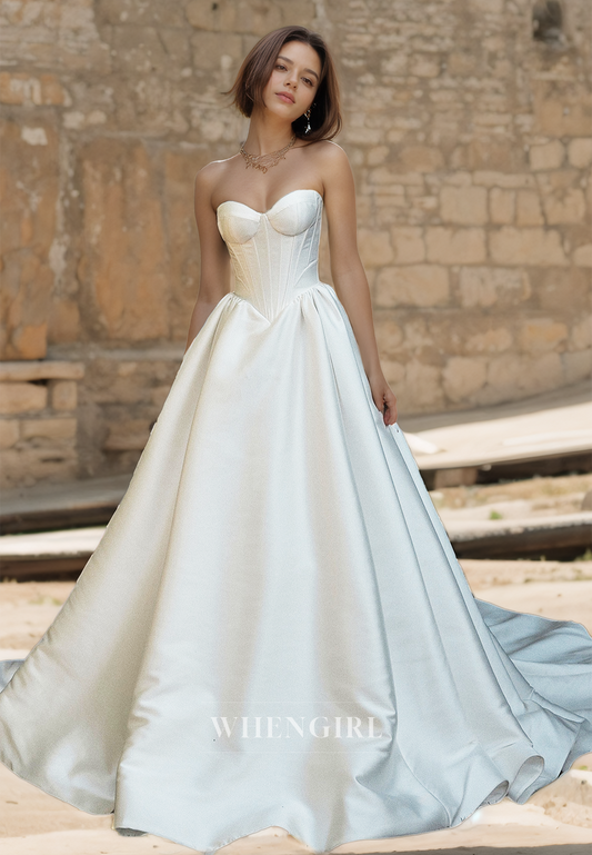 A-Line Sweetheart Sleeveless Sweep Train Stripe Satin Bridal Dress with Pleats Wedding Dress