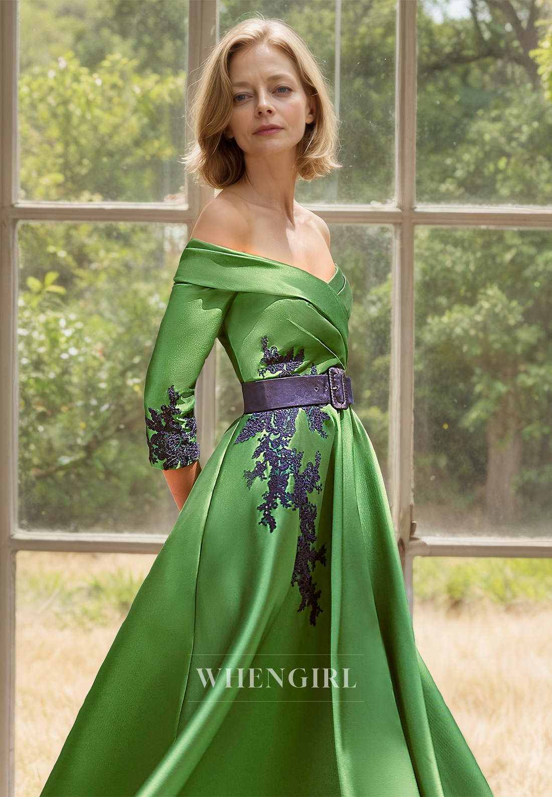 V-Neck Long Sleeves A-Line Pleats Satin Appliques Cocktail Dress Mother of Groom with Belt
