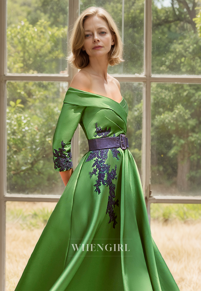 V-Neck Long Sleeves A-Line Pleats Satin Appliques Cocktail Dress Mother of Groom with Belt