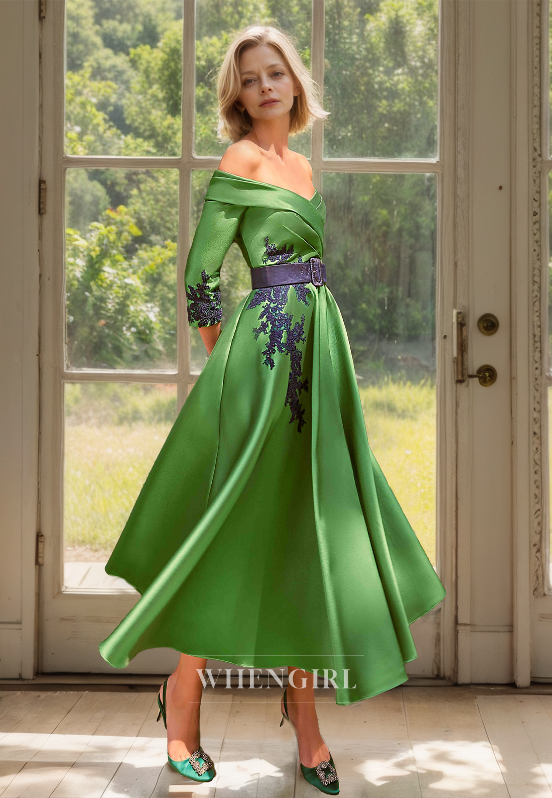 V-Neck Long Sleeves A-Line Pleats Satin Appliques Cocktail Dress Mother of Groom with Belt