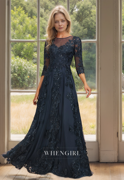 Scoop Neck A-Line Long Sleeves Appliques Lace Mother of Bride Dress with Beads Cocktail Gowns