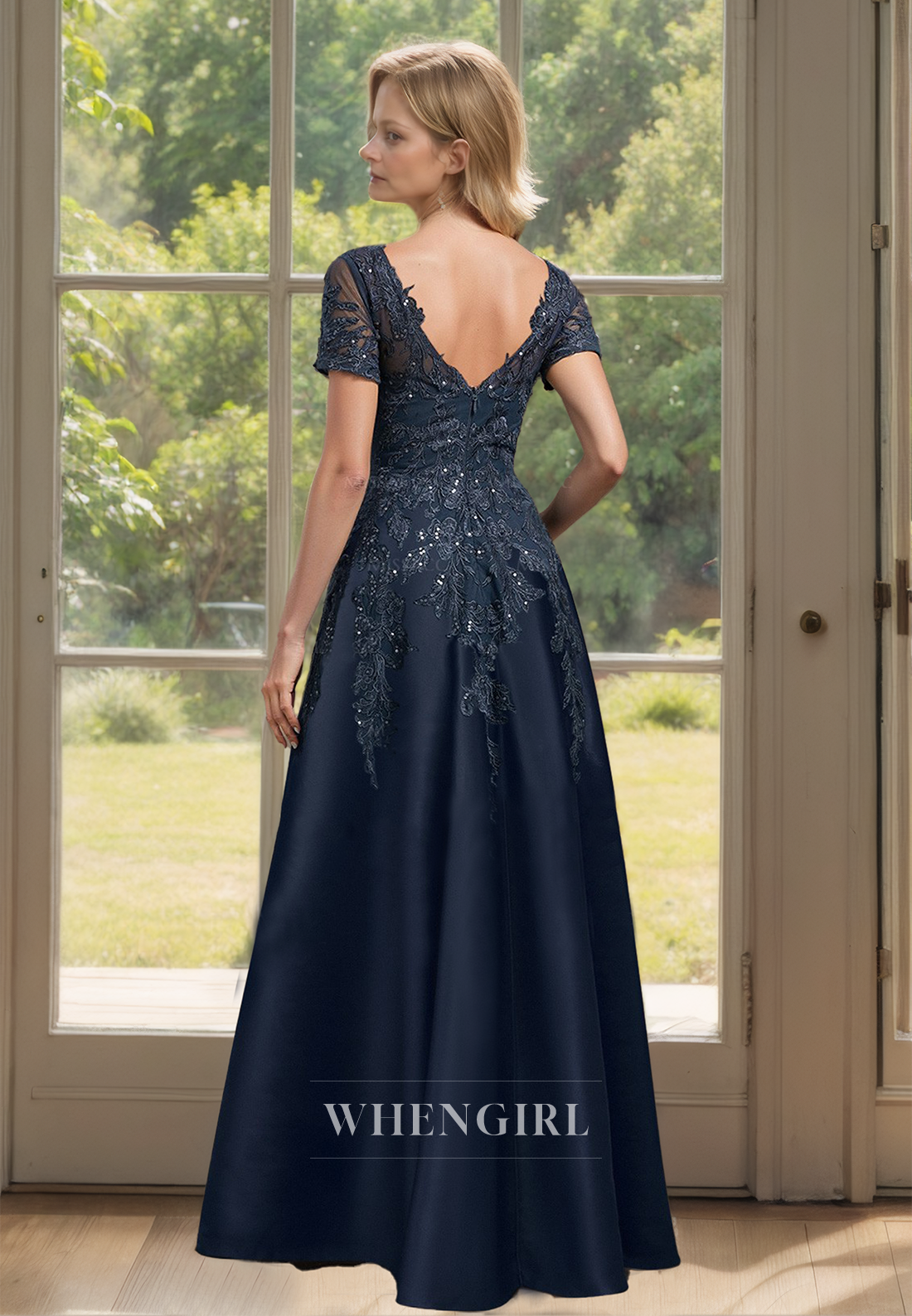 A-Line V-Neck Short Sleeves Appliques Satin Cocktail Dress Mother of Bride Dress with Beads