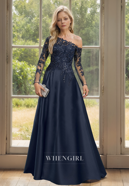 Asymmetrical Long Sleeves A-Line Appliques Satin Cocktail Dress Mother of Groom with Beads