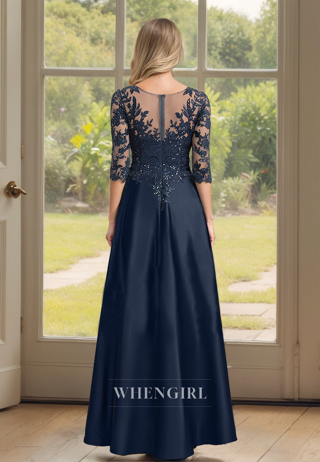 A-Line V-Neck Half Sleeves Floor-Length Beaded Cocktail Dress with Appliques Mother of Bride