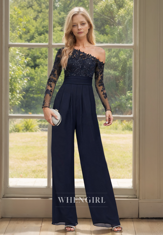 Asymmetrical Long Sleeves Sheath Pantsuits Appliques Chiffon Cockail Dress Mother of Groom