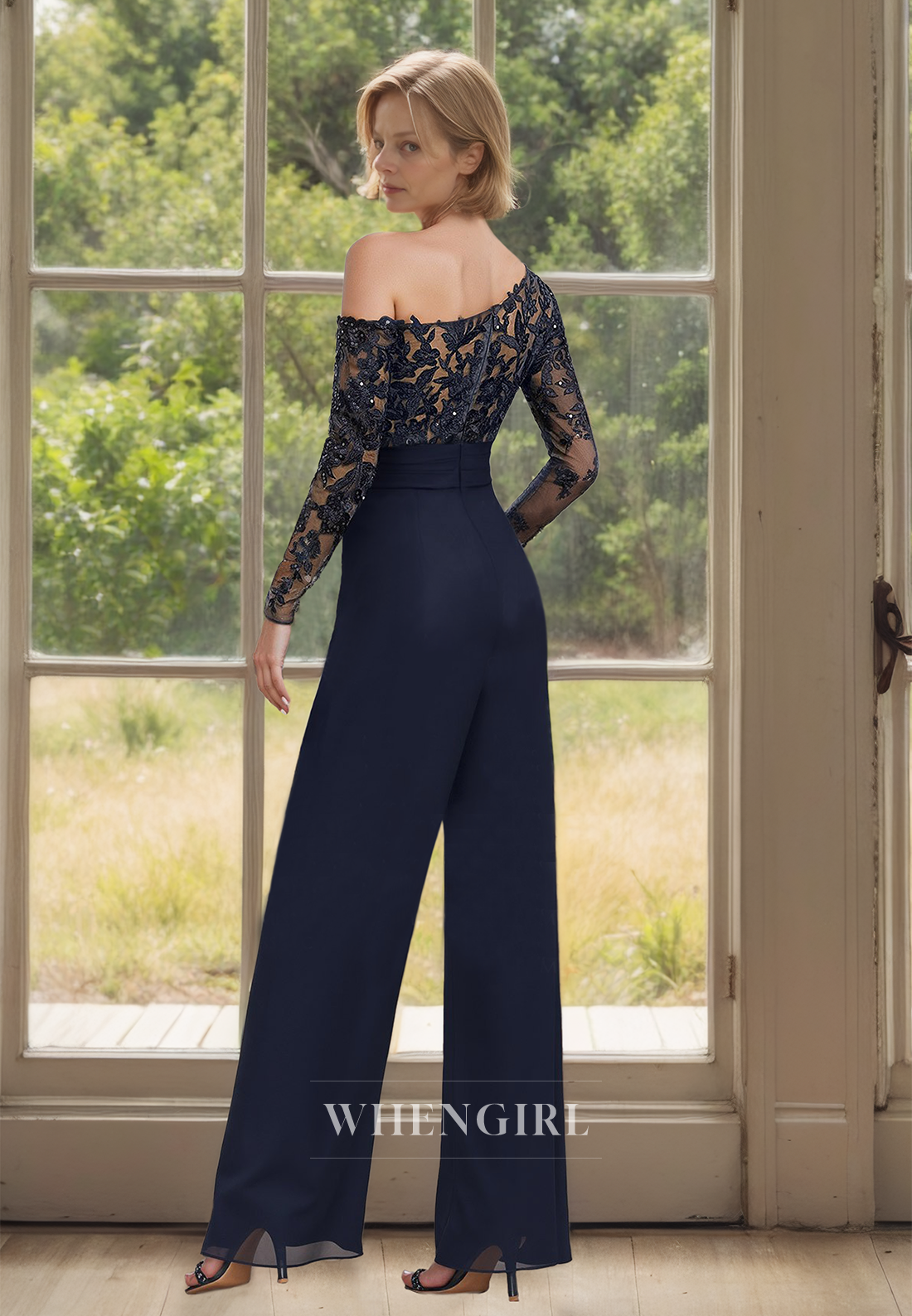 Asymmetrical Long Sleeves Sheath Pantsuits Appliques Chiffon Cockail Dress Mother of Groom