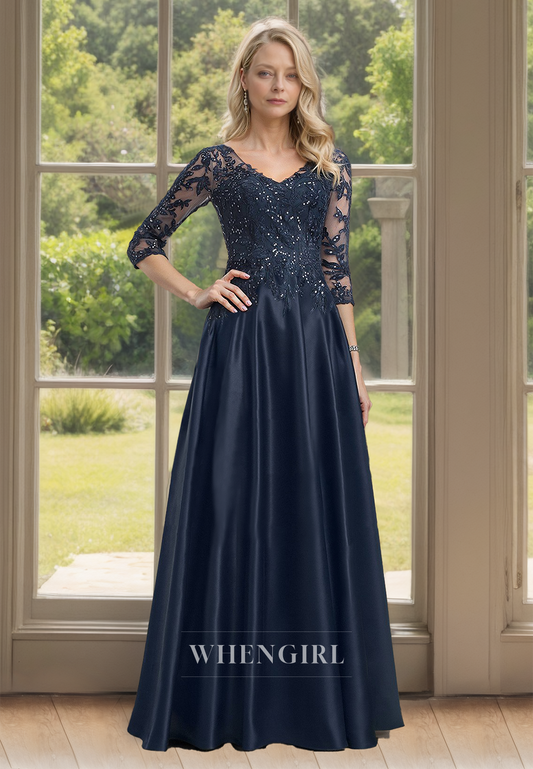 A-Line V-Neck Half Sleeves Floor-Length Beaded Cocktail Dress with Appliques Mother of Bride