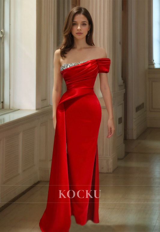 One Shoulder Sleeveless Sheath Floor-Length Ruched Satin Formal Gowns with Beaded Prom Dress