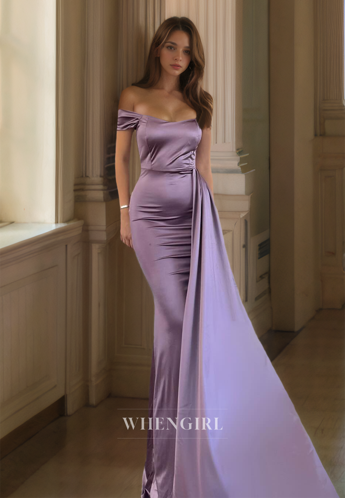 Off-Shoulder Mermaid Sleeveless Sweep Train Satin Prom Dress with Pleats Party Gowns