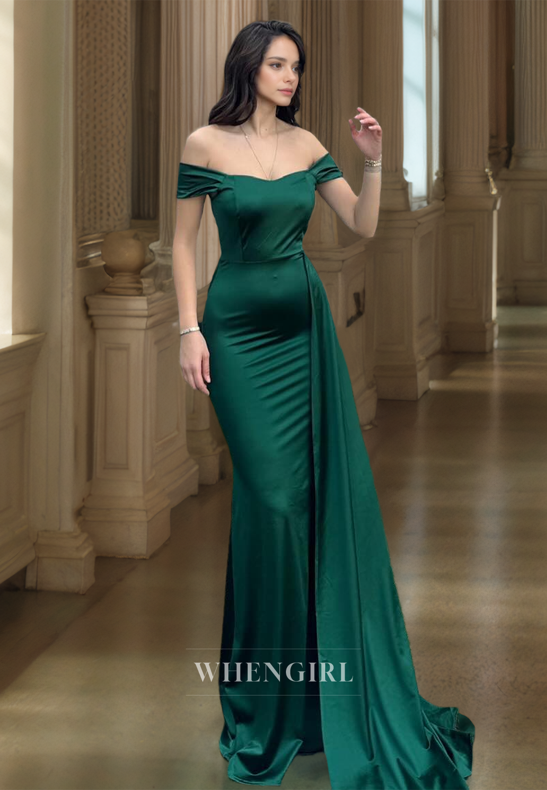 Off-Shoulder Mermaid Sleeveless Sweep Train Satin Prom Dress with Pleats Party Gowns