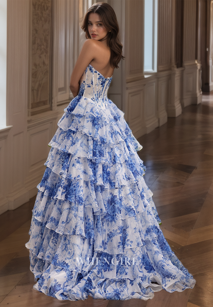 Graceful A-Line Sweetheart High Split Tiered Lace Prom Formal Party Dress with Appliques