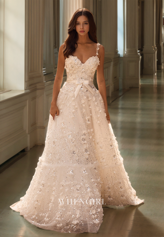 Glamorous Sweetheart Straps Evening Dress A-Line Beaded Floral Lace Party Gown with Bows