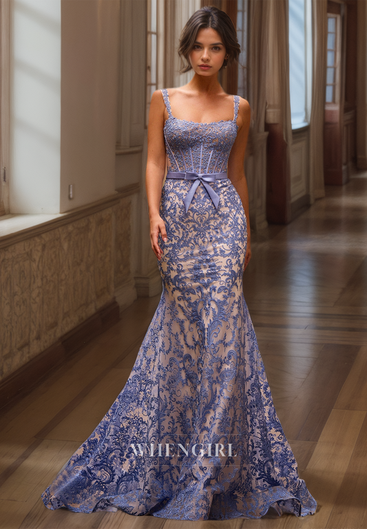 Vintage Square Neck Straps Mermaid Lace Bows Prom Formal Party Dress with Appliques